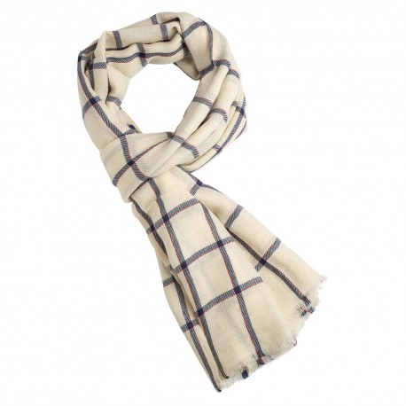 Off white scarf with navy and red tartan