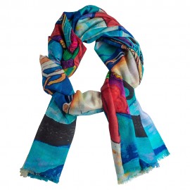 Printed cashmere shawl in turquoise tones