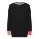 Black sweater with details in gray, orange and camel