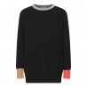 Black sweater with details in gray, orange and camel