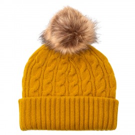 Curry cashmere pom hat with faux-fur ball