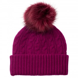 Plum cashmere pom hat with faux-fur ball