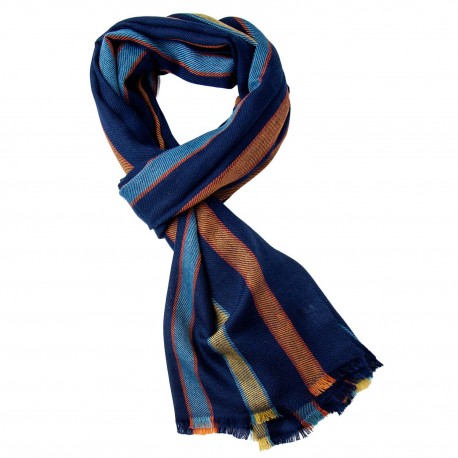 Navy cashmere scarf with colored stripes
