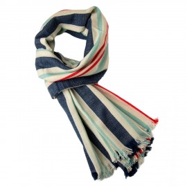 Oversize scarf in off-white with blue and red stripes
