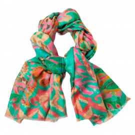 Cashmere shawl with print in light green, orange and pink