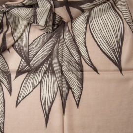 Beige cashmere shawl with gray leaf print