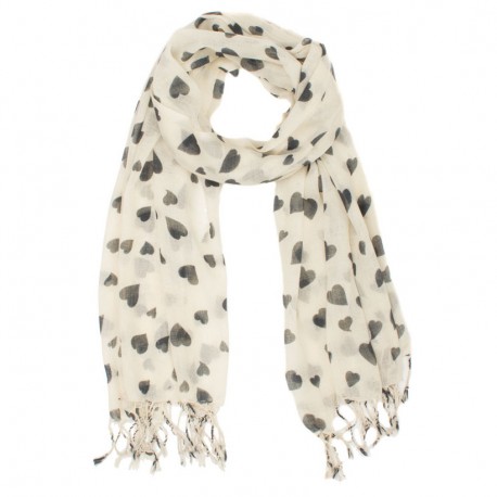 Cream coloured scarf with printed hearts