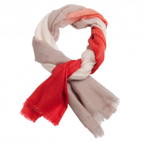 Three coloured cashmere shawl in coral, white and beige