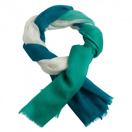Three coloured cashmere shawl in azure, white and ocean green