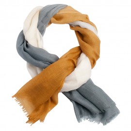 Three coloured cashmere shawl in golden, white and grey