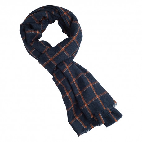 Blue tartan scarf with orange checkers